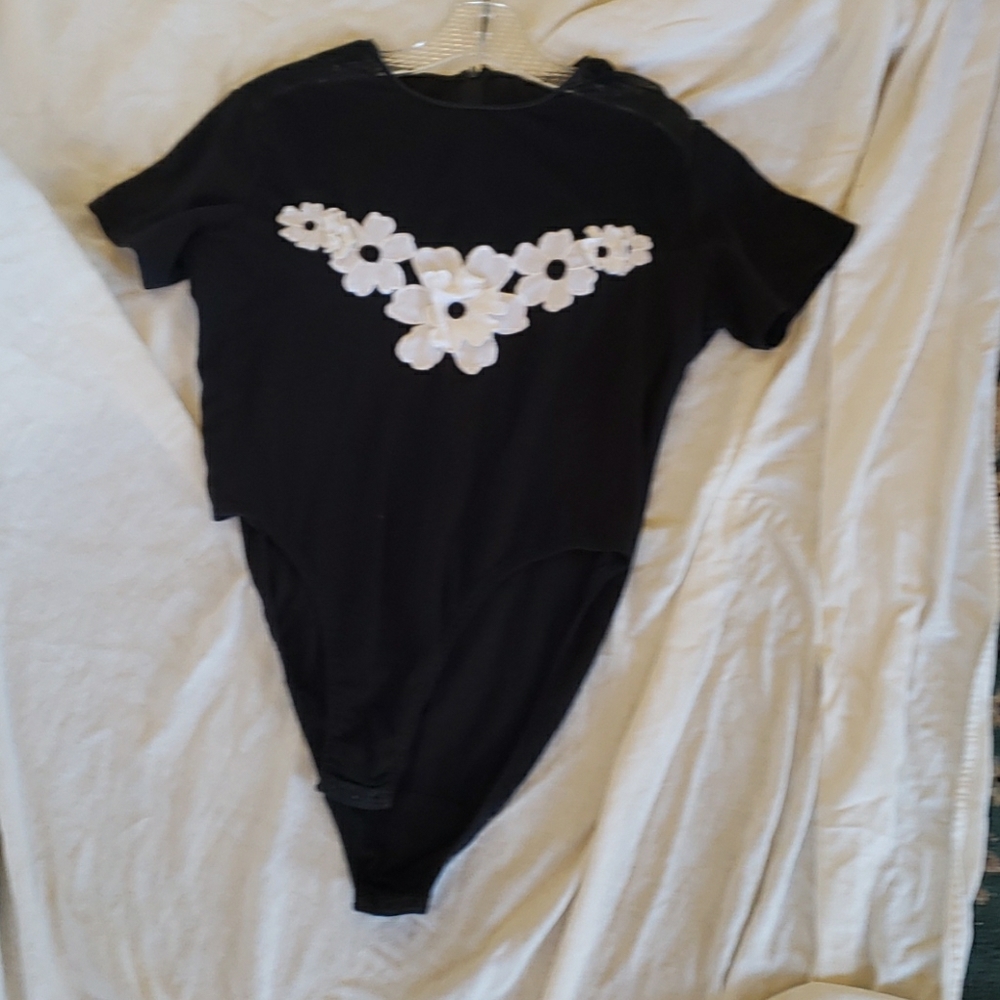 Natori Black Bodysuit 90s Sheer Mesh & Applique L